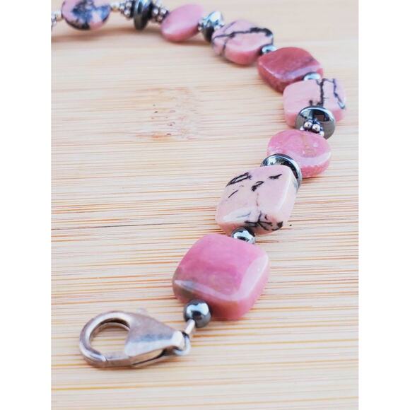 Sterling Silver Pink Marble Hematite Bead Bracelet XL Adjustable - Picture 4 of 6